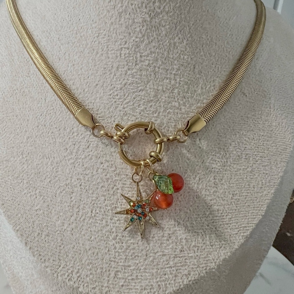 Gold  Star & Cherry Charm Pendant Necklace